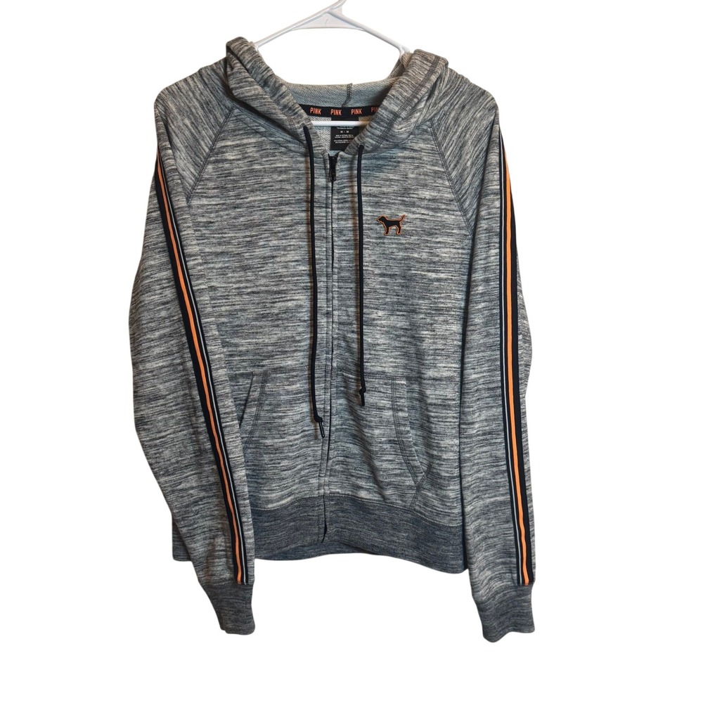 PINK Victorias Secret Womens Medium Gray Heathered Striped Zip Up Striped Hoodie